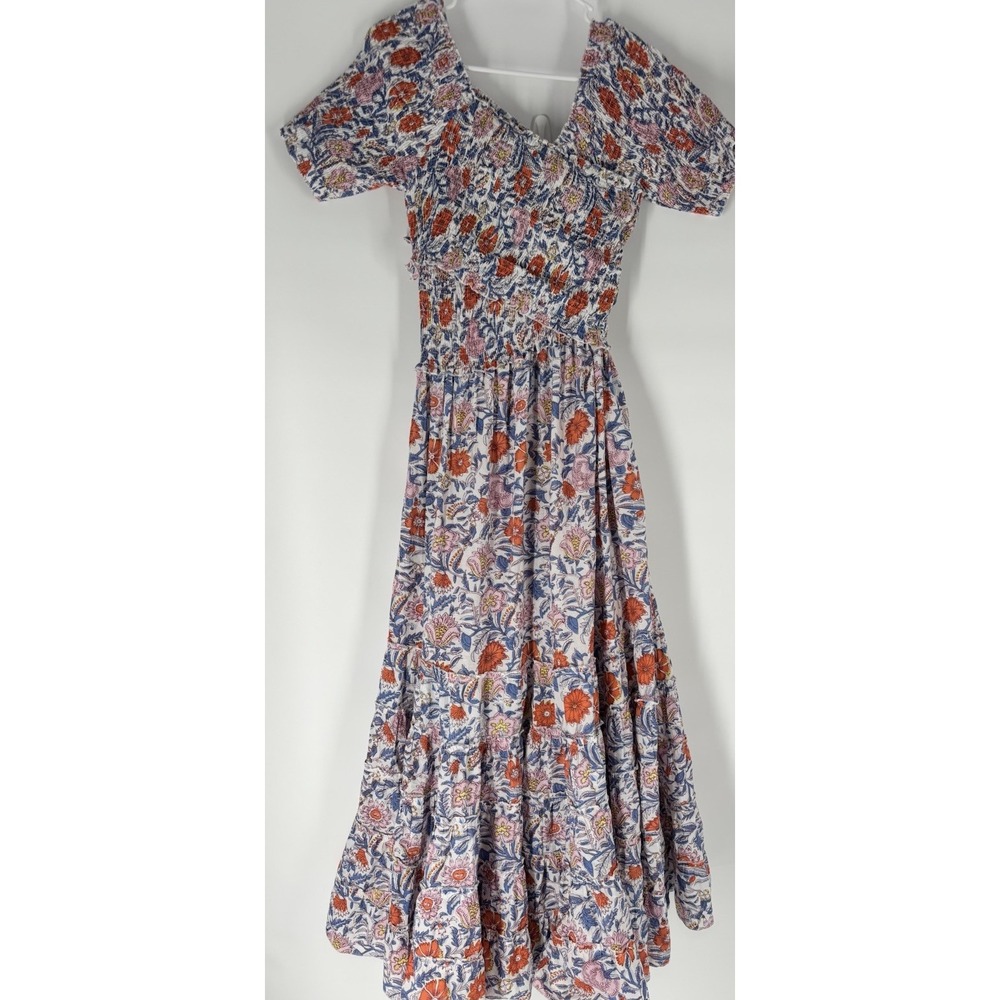 Mille Resort & Travel Celia Floral Cotton Tiered Maxi Dress Sz L Smocked Boho